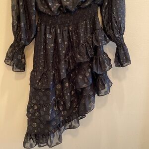 DO+BE x Revolve Sheer Asymmetrical Polka Smock Ruffle Tiered Black Dress SMALL